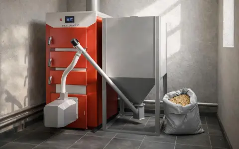 Nowoczesny piec na pellet Stalmark z zasobnikiem i workiem pelletu. Idealny, by wybrać, jaki piec na pellet do domu 120m2 zapewni ciepło.