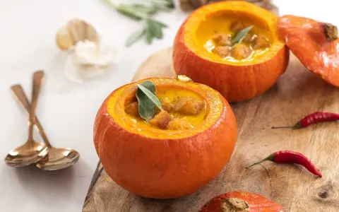 Calabaza naranja, ideal para recetas de sopa cremosa con picatostes y salvia.