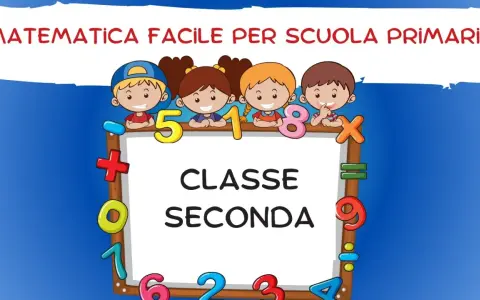 Bambini sorridenti celebrano la matematica facile per la scuola primaria, con numeri e simboli che circondano la scritta "Classe Seconda".