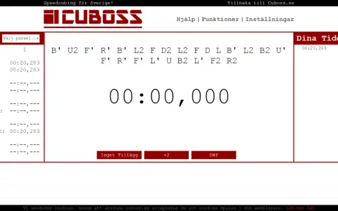 En rubiks kub timer visar en tid på 00:00,000. Bredvid syns en lista med tider och en sekvens av drag.