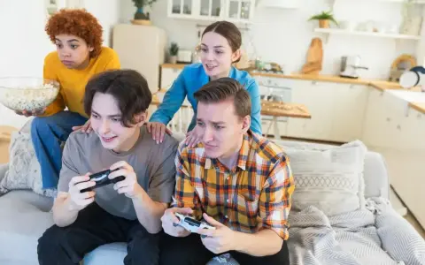 Czterech przyjaciół gra w gry wideo, jeden z nich zastanawia się, jak udostępnić grę na Steam.