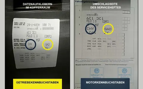 Aufkleber im Kofferraum und Serviceheft zeigen, wie man den **Getriebetyp herausfinden** kann. CHY und QAD sind die Kennbuchstaben.