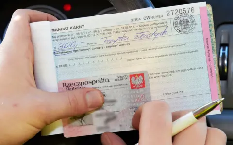 Dłoń trzyma mandat karny i dowód osobisty, obok długopis.