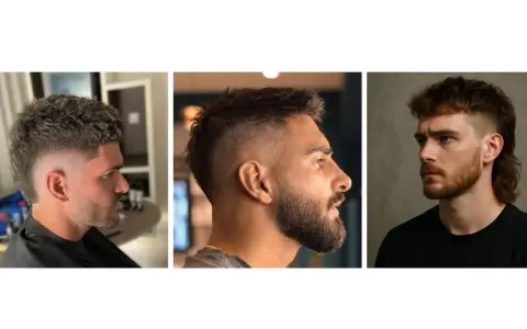 Tres hombres con cortes de pelo modernos. El de la izquierda tiene un mullet con degradado. El del medio, un degradado con barba. El de la derecha, un mullet con flequillo.