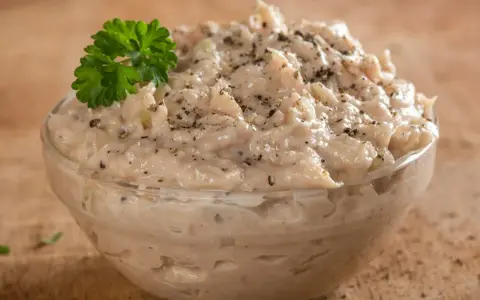 Pyszna pasta z tuńczyka w szklanej miseczce, posypana pieprzem i udekorowana natką pietruszki. Idealna na kanapki.
