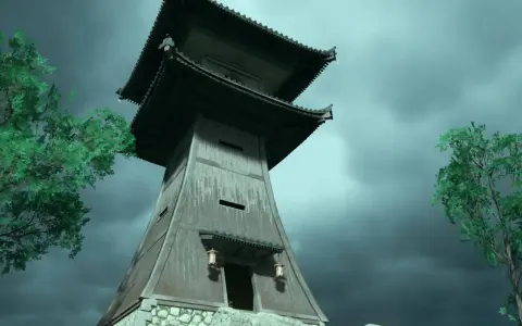 Torre de vigilancia de madera con tejados curvos, como los faros de Ghost of Tsushima, bajo un cielo tormentoso.