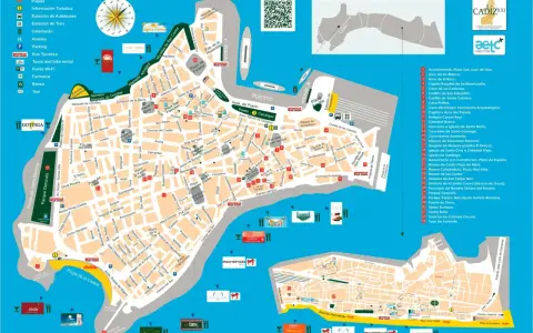 Mapa de Cádiz con puntos de interés, ideal para saber qué hacer en Cádiz con niños: playas, museos, parques y monumentos.