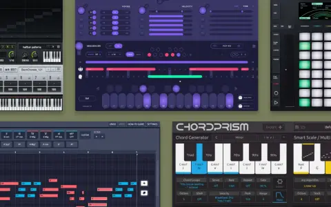 Un tableau de progression d'accord, montrant des séquences musicales et des options de génération d'accords, avec des claviers virtuels et des pads lumineux.