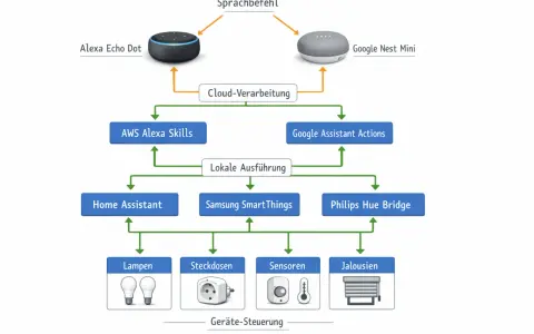 Das Diagramm zeigt, was Alexa ist: Ein Sprachbefehl wird über die Cloud verarbeitet und kann lokale Geräte wie Lampen steuern.