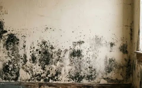 Murs blancs couverts de moisissure noire et verte, près du sol.