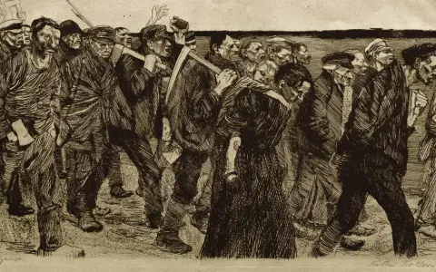 Ein Mann trägt ein Kind auf dem Rücken, während eine Gruppe von Männern, bewaffnet mit Werkzeugen, marschiert. Dies ist eine Darstellung des aufstand der schlesischen weber.