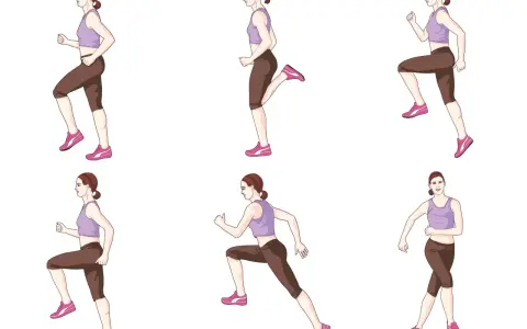 Sechs Illustrationen einer Frau in Sportkleidung, die verschiedene Laufbewegungen ausführt, um zu zeigen, wie man richtig laufen kann.