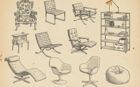 Kolekcja mebli, w tym fotele i leżanka, prezentuje ikony designu. Obok nich stolik, regał z lampką i puf.