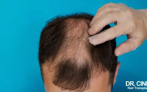Main d'un médecin examinant une perte de cheveux. Une solution pour la perte de cheveux due à la thyroïde.