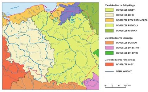 Mapa przedstawia zlewiska rzek w Polsce. Główną rzeką jest Wisła, której dorzecze zajmuje znaczną część kraju.