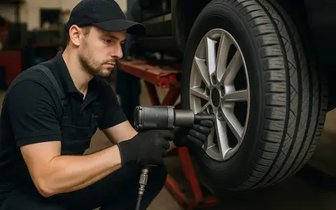 Meccanico con avvitatore pneumatico lavora su una ruota. Le gomme 4 stagioni fanno tanti km, ma la manutenzione è fondamentale.