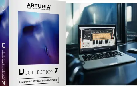 Pudełko z Arturia V Collection 7 obok laptopa z interfejsem syntezatora.