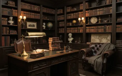 Mroczna biblioteka w stylu "dark academia" z mahoniowym biurkiem, skórzanym fotelem i regałami pełnymi książek. Idealna zastawa stołowa powinna być stonowana, z ciemnych materiałów, np. ceramiki lub metalu, nawiązując do klasyki i elegancji.