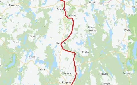 Mapa z zaznaczoną trasą rowerową przez Mazury, wiodącą przez Biskupiec, Szczytno i okolice.