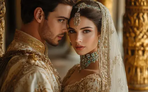 Coppia in abiti sontuosi, con la donna adornata da gioielli preziosi, evoca l'eleganza di matrimoni morganatici famosi.