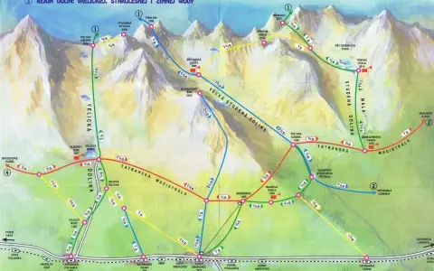 Mapa szlaków turystycznych Tatr Słowackich. Widok na Tatry od strony słowackiej z zaznaczonymi dolinami i szlakami.