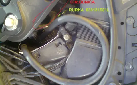 Silnik samochodu z zaznaczonymi elementami układu chłodzenia i rurką.