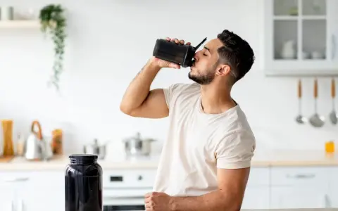 Mann trinkt Proteinshake aus schwarzem Shaker. Daneben steht ein großer Behälter mit Pulver. Wozu Protein**pulver**? Für Muskelaufbau und Erholung.