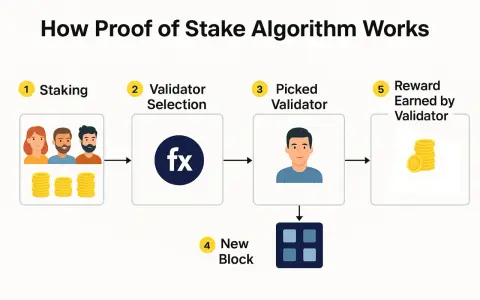 Schemat wyjaśnia, proof of stake co to: staking, wybór walidatora, nowy blok i nagroda dla walidatora.