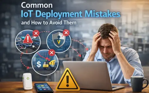 A stressed man is designing for IoT, facing common deployment mistakes like tangled wires, security breaches, and financial losses.