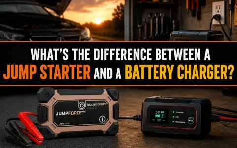 A jump starter and a battery charger are shown side-by-side, illustrating the difference between jump starting a car and trickle charging a battery.