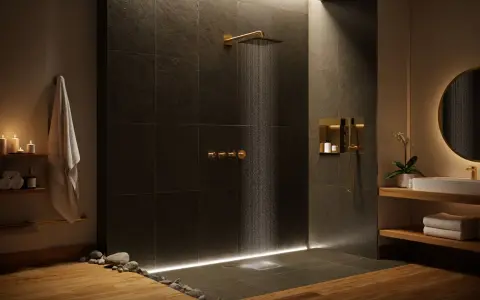 Un'elegante doccia muratura senza vetro, con finiture dorate e un soffione a pioggia. L'illuminazione soffusa crea un'atmosfera rilassante.