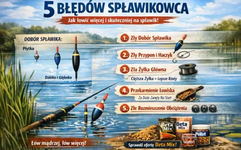 Jaki spławik na jezioro? Ilustracja pokazuje 5 błędów w wędkarstwie spławikowym, od wyboru spławika po rozmieszczenie obciążenia.
