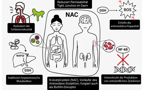 NAC wirkt auf Lunge, Darm und Leber. Es reduziert Schleim, stärkt Tight Junctions und inaktiviert toxische Metaboliten. Die NAC Wirkung schützt vor oxidativem Stress und Entzündungen.