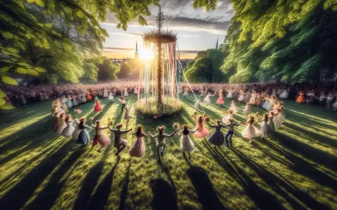 Midsommarfirande i Stockholm med folkdans runt en majstång i solnedgången.