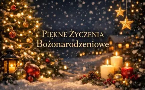 Śnieżna noc, choinka, świece i gwiazdy tworzą magiczną atmosferę. Piękne życzenia bożonarodzeniowe dla Ciebie!