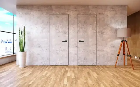 Minimalistyczne drzwi w betonowej ścianie, idealne, by zamaskować przejście. Obok stoi roślina i lampa.