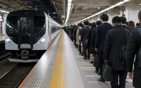 Kolejka ludzi na peronie w Japonii, oczekujących na pociąg. To jeden z wielu fascynujących faktów i ciekawostki o Japonii, gdzie punktualność i porządek są na pierwszym miejscu.