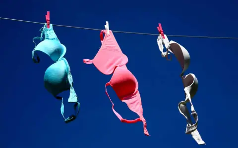 Tre reggiseni colorati (blu, rosa, bianco) stesi ad asciugare al sole. Forse non portare il reggiseno fa crescere il seno, ma l'aria aperta li fa asciugare bene!
