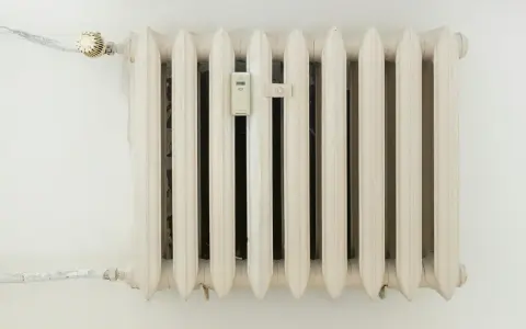 Biały grzejnik żeberkowy z termometrem i zaworem. Optymalna temperatura dla taryfy g12.