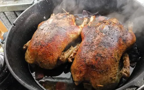 Zwei goldbraune Enten garen im Dutch Oven. Dampf steigt auf, während die Enten im eigenen Saft schmoren.
