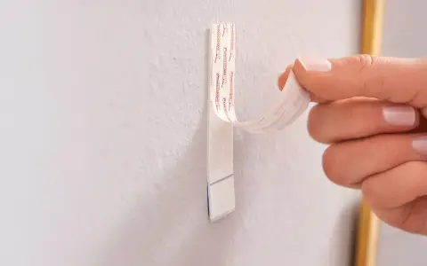 Dłoń odrywa taśmę z napisem "Powerstrips", pokazując alternatywę dla gwoździ do ściany.