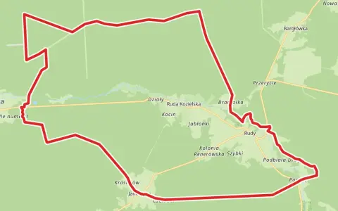 Mapa z zaznaczonymi trasami rowerowymi Śląsk. Czerwona linia wyznacza pętlę przez Działy, Rudy, Krasów i inne miejscowości.