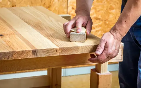 Un artisan utilise un bloc de ponçage pour comment poncer un plan de travail en bois, révélant la beauté naturelle du grain.