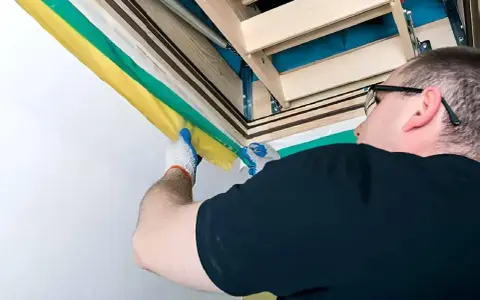 Mężczyzna w rękawiczkach montuje izolację schodów strychowych.
