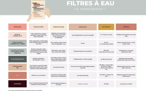 Tableau comparatif des filtres à eau : le filtre céramique retient les bactéries et microplastiques >0,5 µm, tandis que le filtre à osmose inverse, plus complexe, élimine virus, PFAS, métaux lourds, etc.