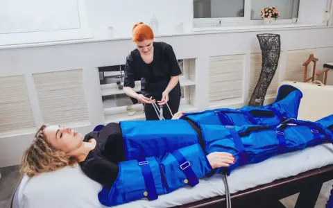 Kobieta w salonie piękności przechodzi zabieg drenażu limfatycznego. Terapeuta przygotowuje urządzenie do masażu uciskowego.