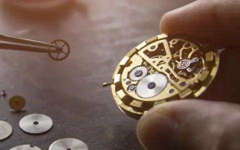Un orologiaio assembla i componenti di un orologio meccanico, mostrando ingranaggi e molle dorate.