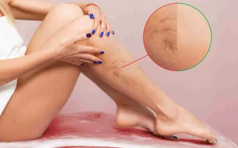Gambe con teleangectasie, un possibile segno di trombofilia genetica. L'immagine mostra un dettaglio ingrandito delle vene superficiali.