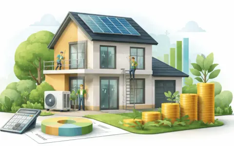 Casa con pannelli solari, condizionatore e operai che lavorano. Grafici, monete e calcolatrice suggeriscono i massimali ecobonus per il risparmio energetico.