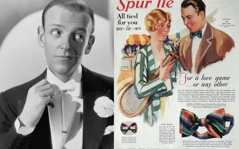 Fred Astaire con papillon, e pubblicità "Spur Tie" che mostra come mettere il papillon con stile.